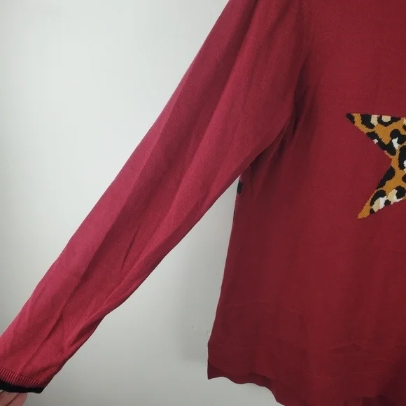 CROWN & Ivy Sweater‎ Crewneck Womens Large Maroon Black Cheetah Star - Picture 5 of 7